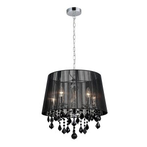 CORNELIA lampa wisząca chrom abażur z czarnej organzy 45cm wisiorki czarny kryształ 5xE14 MDM-2572/5 BK