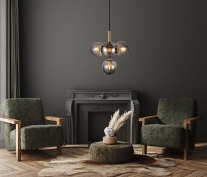 RAVENA lampa wisząca czarna z mosiądzem klosze ryflowane dymione 4xE27 PND-2324-4B BRO+SG