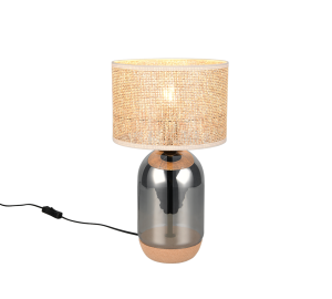 TARA 564990157 lampa stołowa podstawa dymione szkło i korek abażur z plecionej słomy fi 25cm 1xE27
