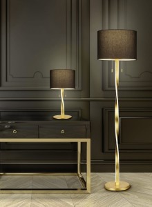 NANDOR 575310379 lampa stołowa z podświetlaną podstawą LED 2x3W złota abażur czarny 1xE27