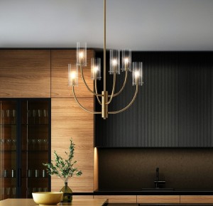 ARCO żyrandol mosiężny klosze szkło przezroczyste ryflowane 6xG9