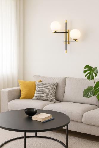 AEREO LE43369 Nowoczesna lampa ścienna z dwoma kloszami kulistymi Elegancka lampa o geometrycznym kształcie.png