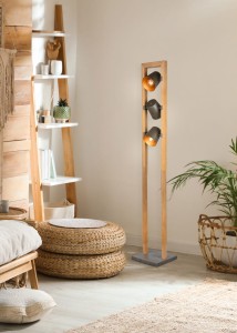 BELL 401900367 lampa stojąca drewniana z metalowymi spotami w antycznym niklu 3xE14