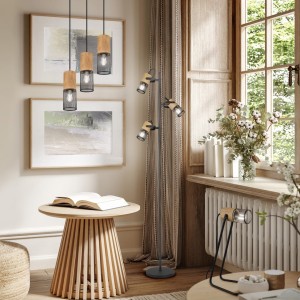 TOSH 304330332 lampa wisząca kaskada naturalne drewno klosz czarna siatka 3xE27 wykończenie czarne