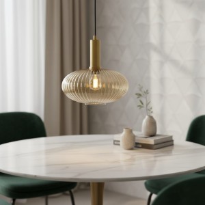 MALOTO 45386/30/62 lampa wisząca klosz amber ze szkła ryflowanego fi 30cm wykończenie złote 1xE27