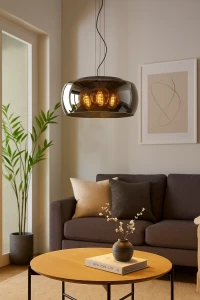 OLIVIA  lampa wisząca dymiony lustrzany klosz fi 50cm czarny metal 3xE27