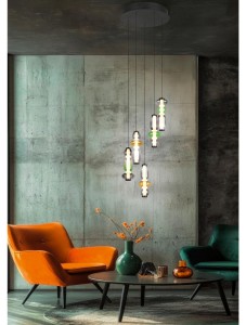 MINERVA 334330517 lampa wisząca czarna kaskada  klosze ze szkła dymionego bursztynowego i zielonego LED 5x8W CCT 3stepDIM