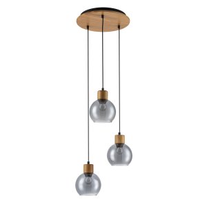 VELMA lampa wisząca z elementami drewna klosze szkło dymione 3xE27 PND-67505-3-WD