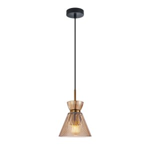 BALME lampa wisząca czarno-złota klosz podwójny stożek ryflowany amber 3xE27 PND-3627-1-BRO-AMB
