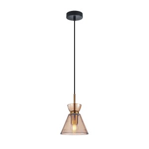 BALME lampa wisząca czarno-złota klosz podwójny stożek prążkowany amber 1xE27 PND-3621-1-BRO-AMB