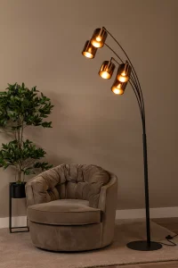 RANKOS lampa podłogowa wieloramienna czarna 5xE27 brązowe abażury LUCIDE 05747/85/30