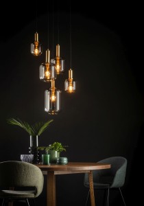 JOANET 45494/15/65 lampa wisząca czarno-złota 5xE27 klosze szklane dymione fi 16/21/22cm różne klosze