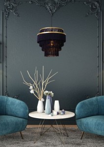 EXTRAVAGANZA FRILLS lampa wisząca abażur z czarnych frędzli wykończenie złote  1xE27