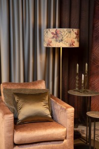 TANSELLE 10715/01/99 lampa stojąca abażur fi 40cm bambus z motywem kwiatowym  roślinnym od wewnątrz złoty 1xE27