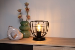 FILOX lampa stołowa podstawa drewno klosz druciany czarny fi 20cm 1xE27