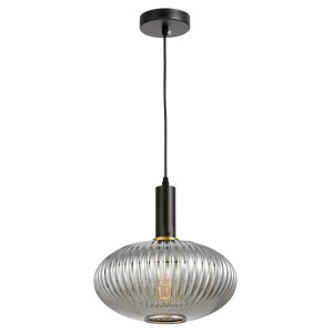  FLORI  lampa wisząca czarna szklana klosz prążkowany dymiony spłaszczona kula E27