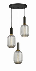 RICO W3-RD lampa wisząca czarna szklana klosz prążkowany dymiony owalny 3xE27