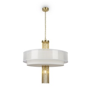 IMPRESSIVE efektowna lampa wisząca złota z białym podwójnym abażurem i wiszącymi złotymi łańcuszkami 5xE14