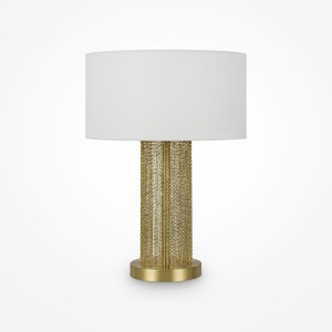 IMPRESSIVE efektowna lampa nocna złota z białym abażurem i wiszącymi złotymi łańcuszkami 1xE27