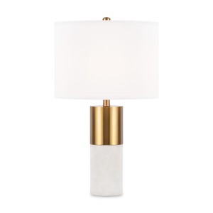 BIANCO lampa stołowa podstawa naturalny alabaster wykończenie mosiądz abażur biały walec 1xE27